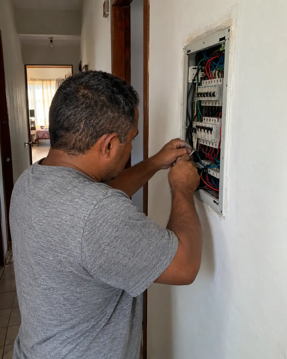 Eletricista trabalhando num quadro de luz